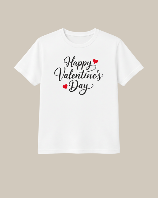 Happy Valentine’s Day printed white t-shirt with romantic typography for couples